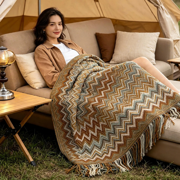 Boho-Wool Blanket, Geometric Pattern, with Fringes