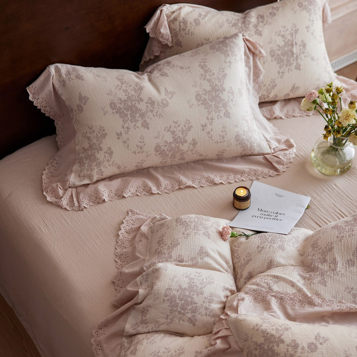 Cotton bed linen with flower print, 4-piece, double gauze