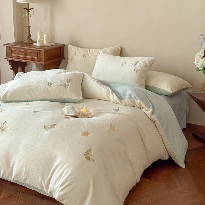 Milk fiber fleece bedding set, winter warm, embroidered