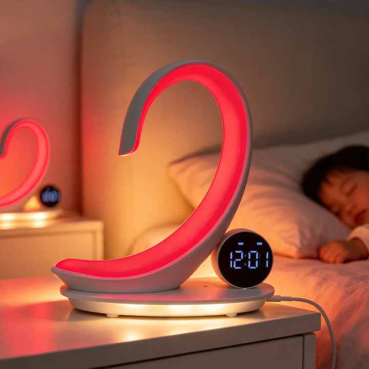 C-shaped LED mood light with digital clock and red light