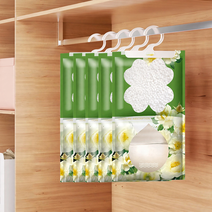 Hanging fragrance dehumidifier for wardrobes