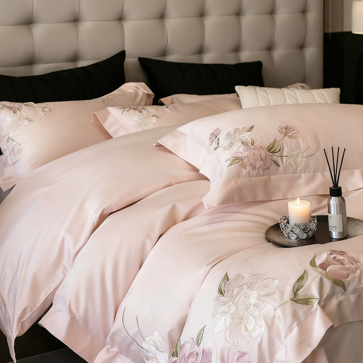Cotton bed linen, 4-piece, embroidered, satin