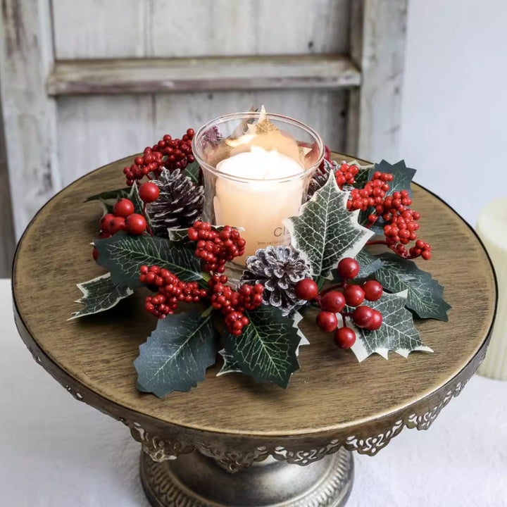 Christmas candle wreath with pine cones and red berries, 30 cm