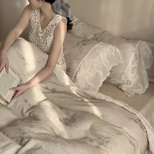 French cotton bedding set, muslin, embroidered