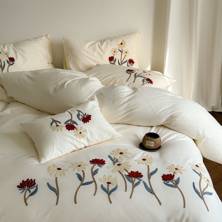Cotton bedding set, embroidered, brushed, 4-piece