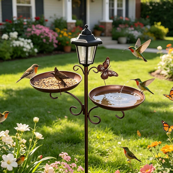 Solar Birdbath made of metal with feeding station