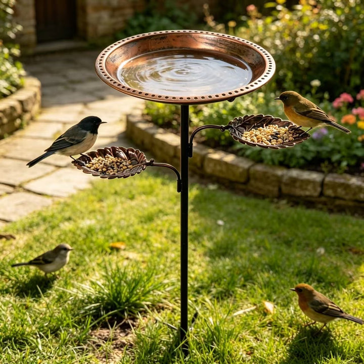 Bird bath and feeding station made of metal, leaf design