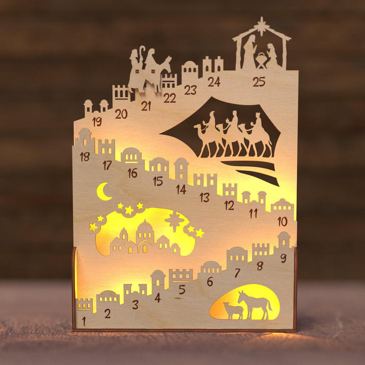 Illuminated wooden Advent calendar for the Christmas season