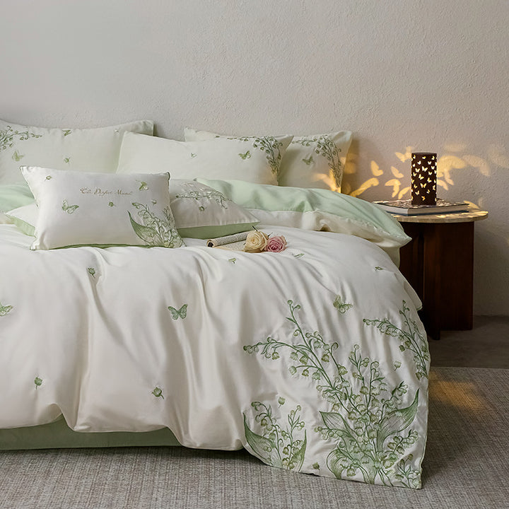 Cotton bedding set, embroidered, lily of the valley pattern