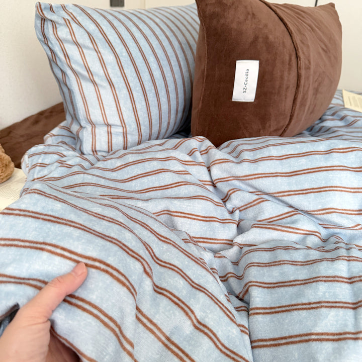Striped milk fiber fleece bedding set, warming