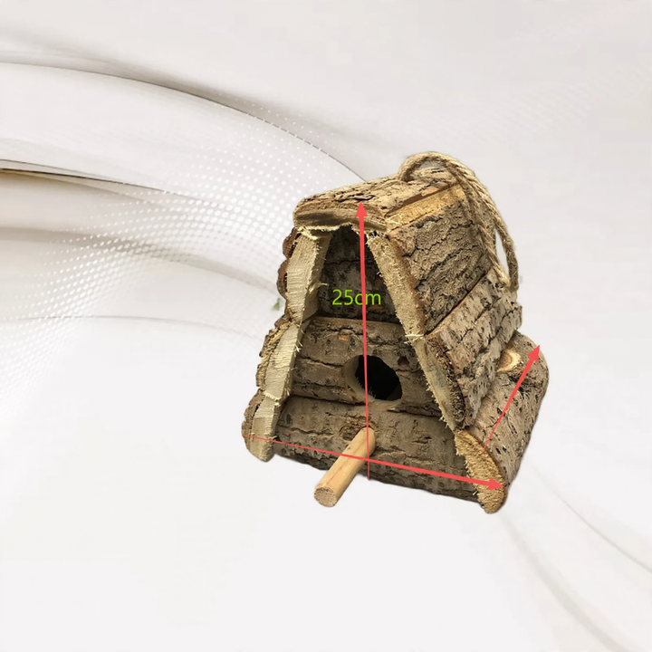 Rustic birdhouse made of wood with bark