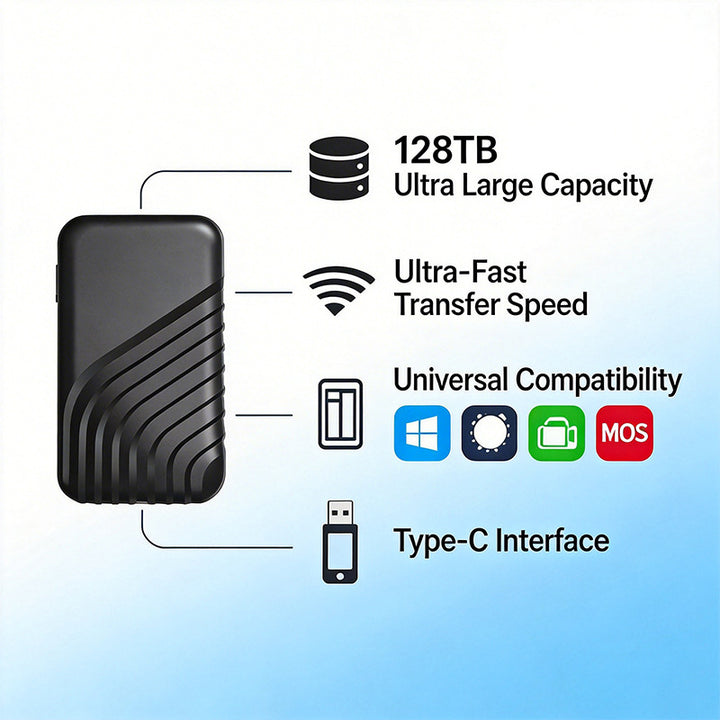 Mobile SSD, up to 128 TB, USB-C / USB 3.1