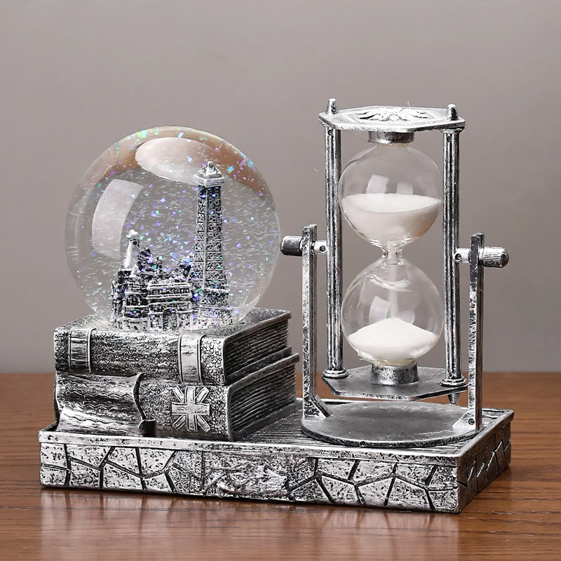 Retro Eiffel Tower Hourglass with Music Box and Glass Ball