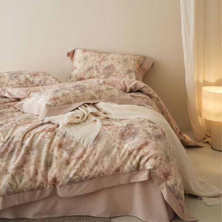 Bedding set cotton-linen, 4-piece, floral pattern, vintage