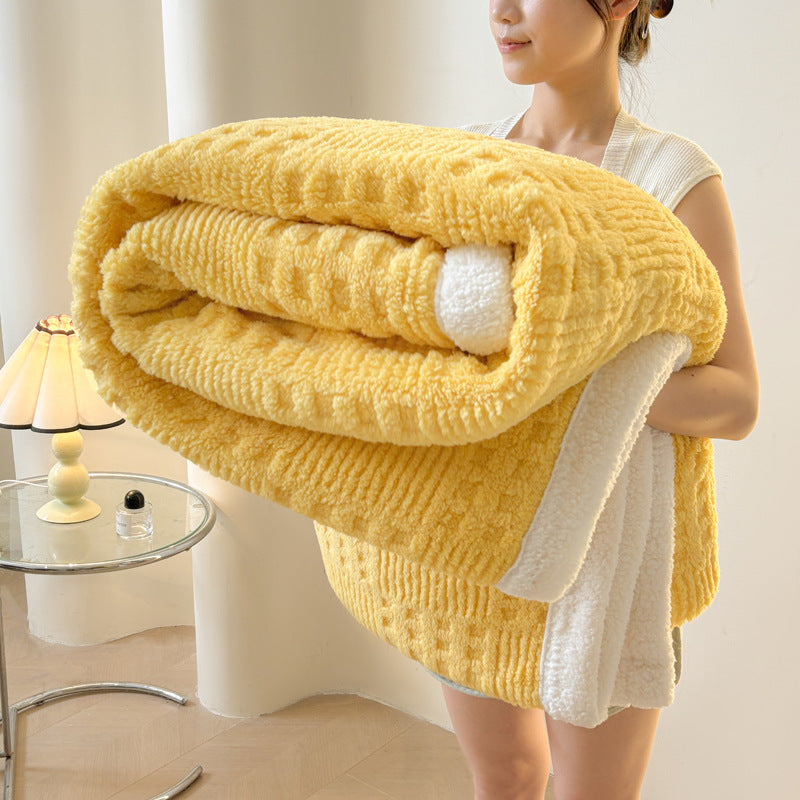 Versatile coral fleece blanket with relief pattern