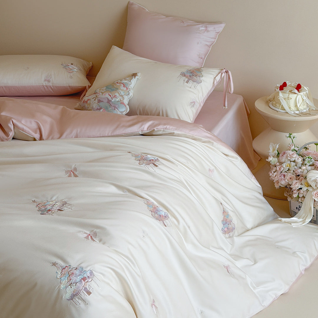 French cotton bedding set with embroidery and lace