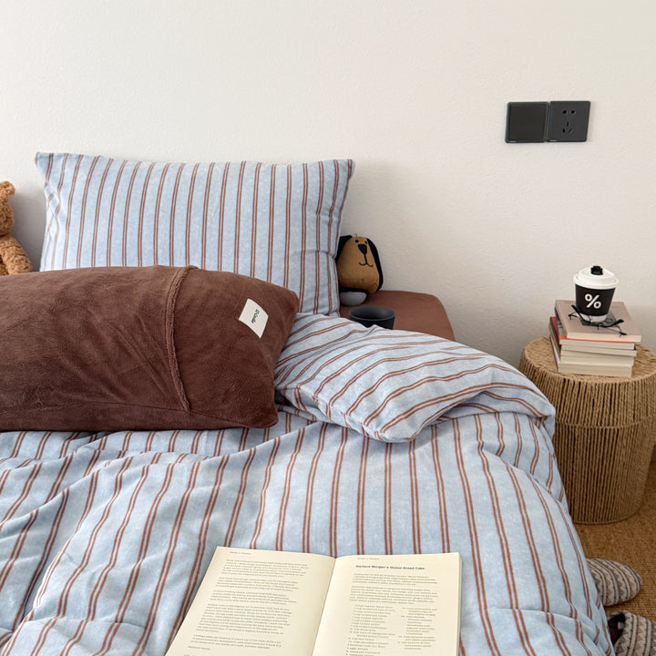 Striped milk fiber fleece bedding set, warming
