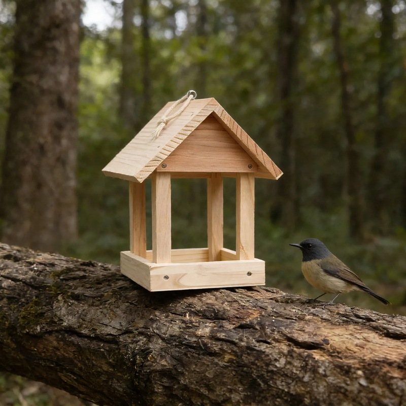 Open birdhouse made of wood as a feeding station