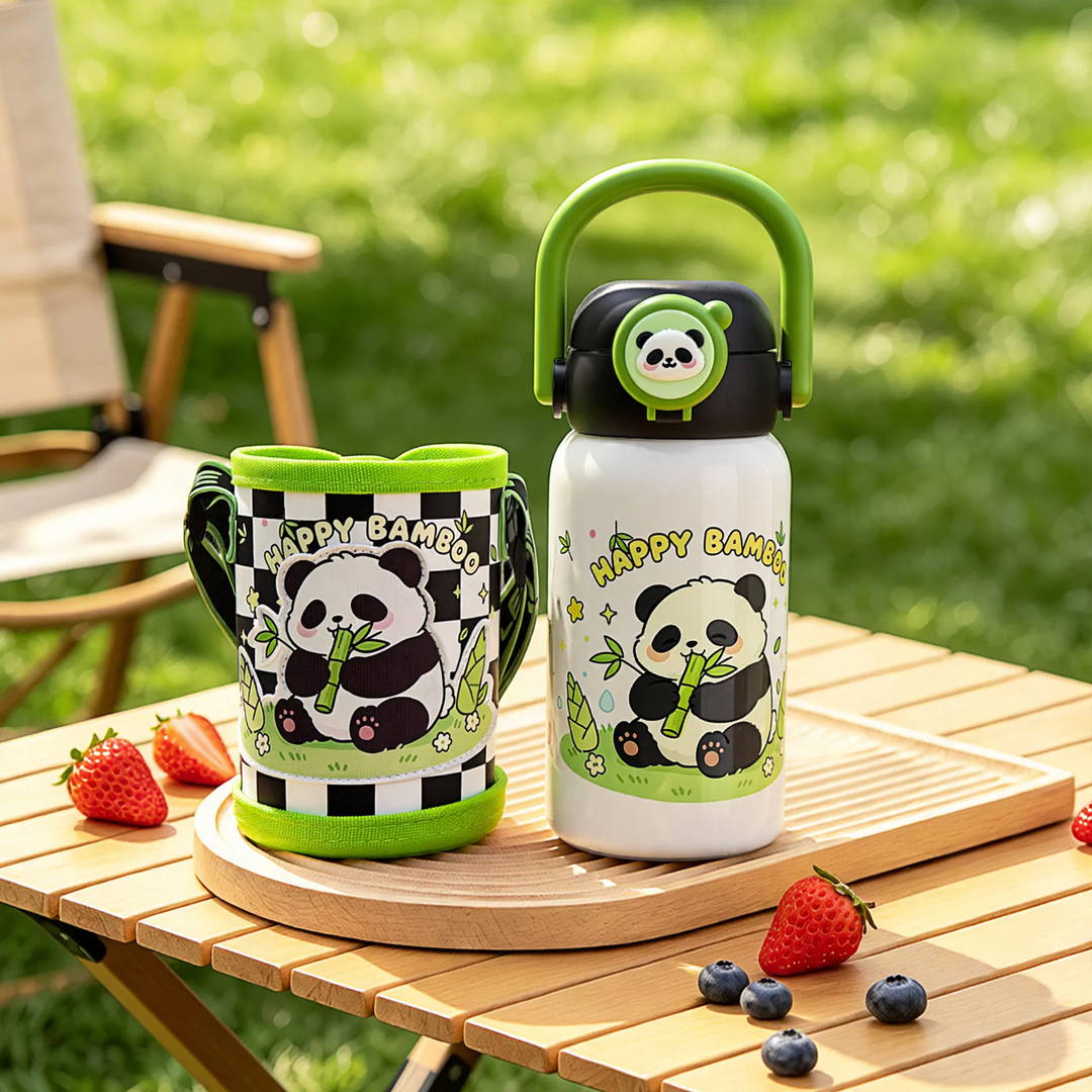 Children's thermos bottle with suction cup and straw