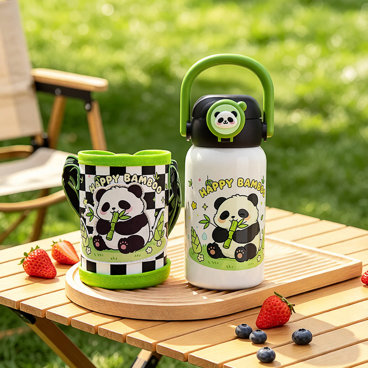 Children's thermos bottle with suction cup and straw