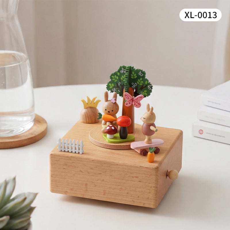 Wooden music box with pull toy motif