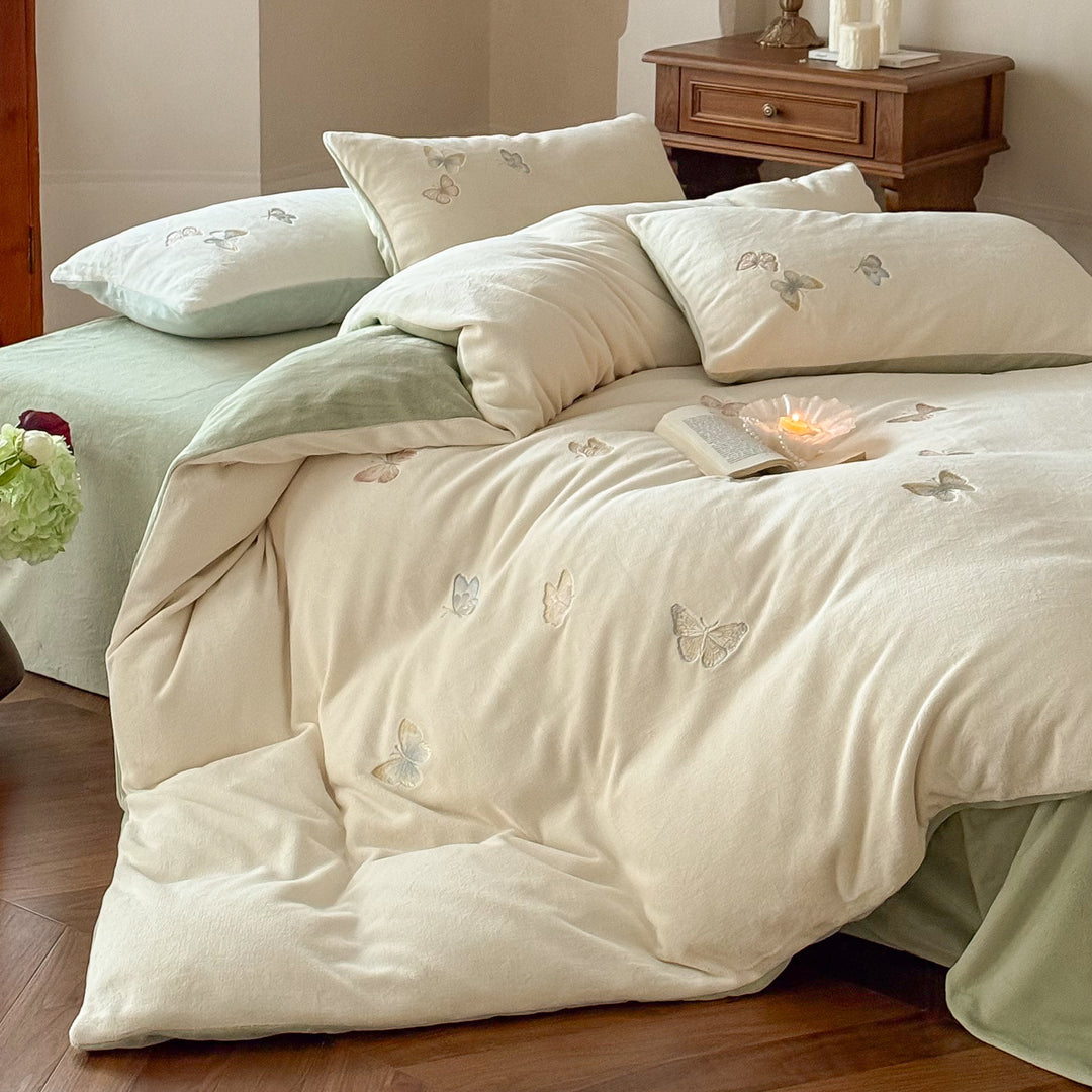 Milk fiber fleece bedding set, winter warm, embroidered
