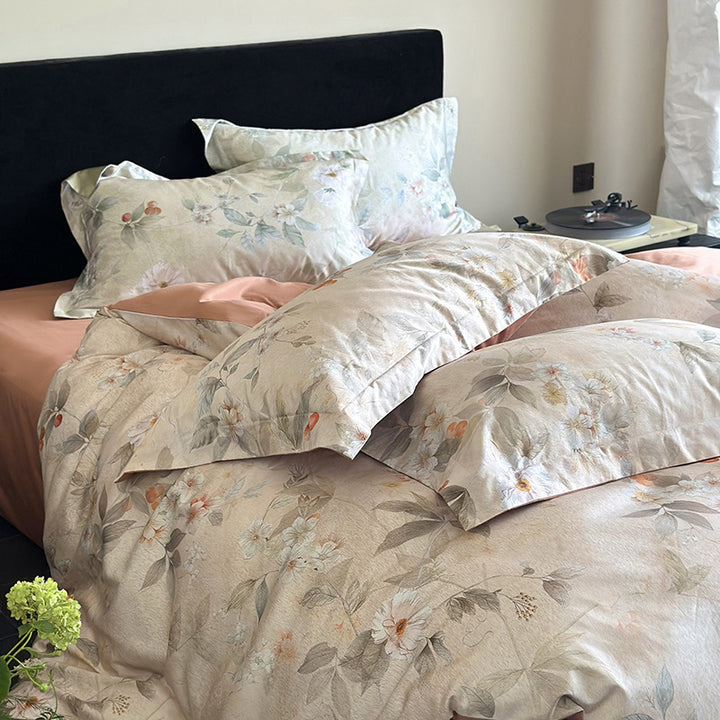 Cotton bedding set, 4-piece, floral pattern