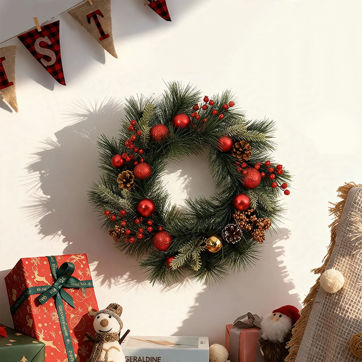 Decorative Christmas wreath with pine needles and pine branches
