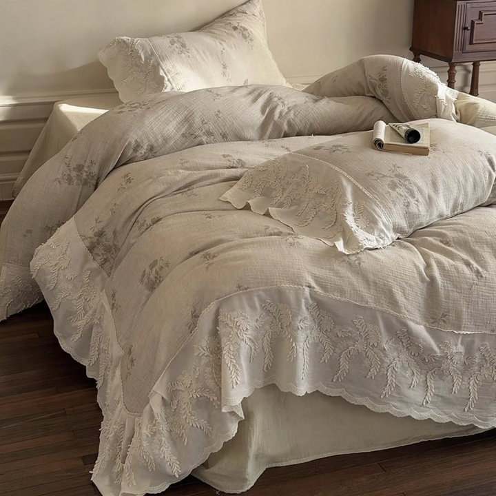 French cotton bedding set, muslin, embroidered