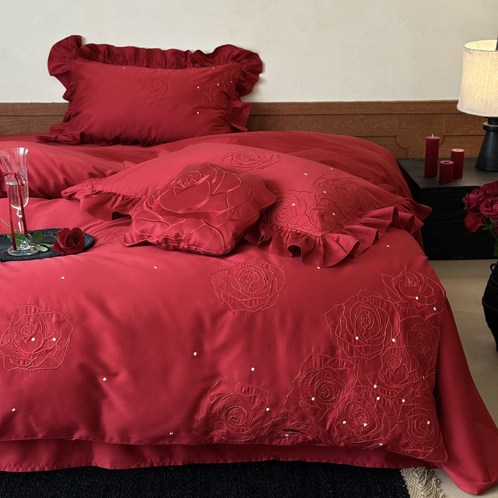 Cotton bedding set with rose embroidery, 4-piece