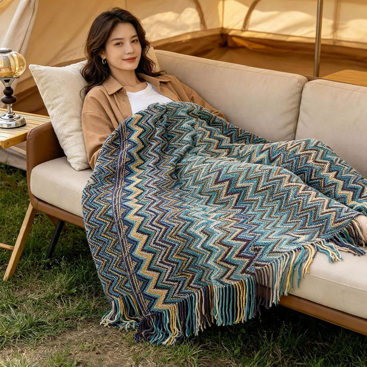 Boho-Wool Blanket, Geometric Pattern, with Fringes