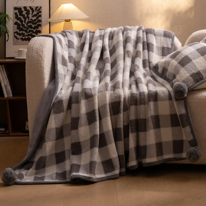 Fluffy wool blanket with check pattern, versatile use