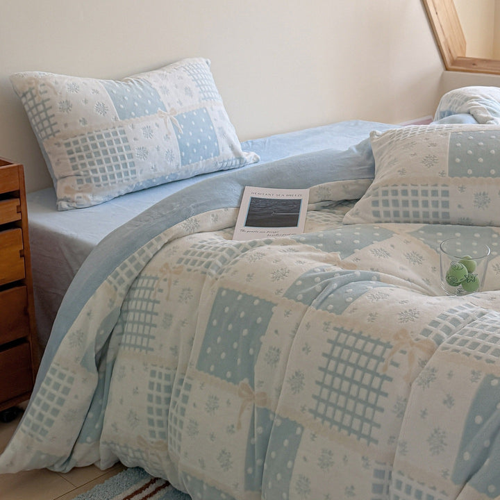 Fleece bedding set, 4-piece, check pattern, winter