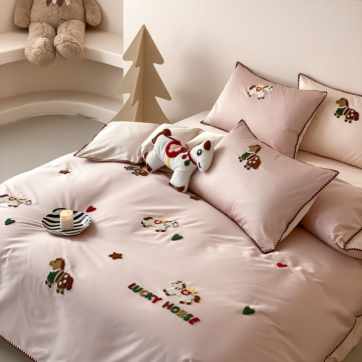 Cotton bedding set with towel embroidery, 4-piece