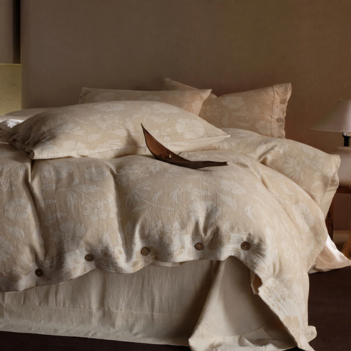 Cotton-linen bedding set, 4-piece, button closure