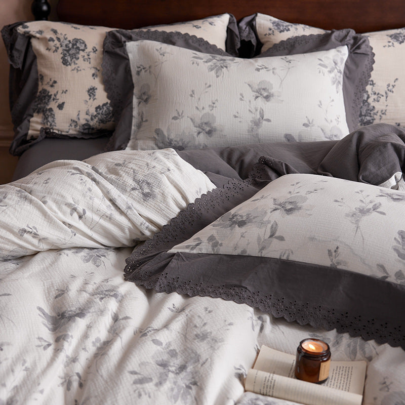 Cotton bed linen with flower print, 4-piece, double gauze