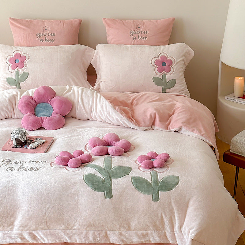 Milk fiber bedding set, 4-piece, 3D floral pattern