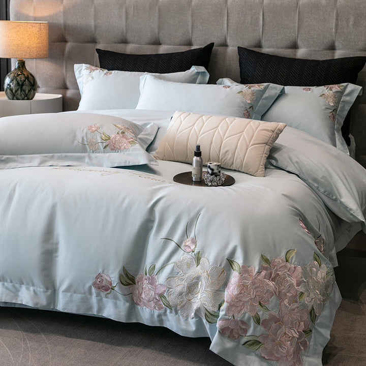 Cotton bed linen, 4-piece, embroidered, satin