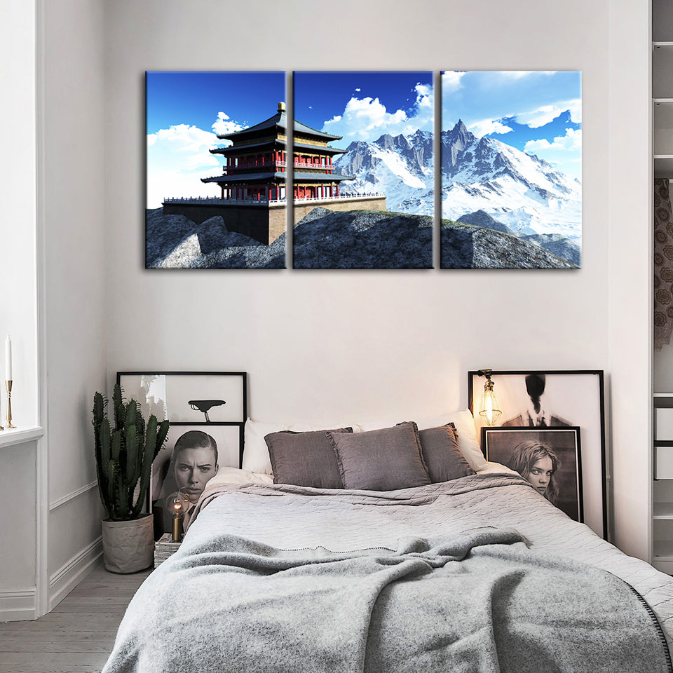 Temple In The Mountains 3 Piece - Canvas Wall Art Painting | Bowlift