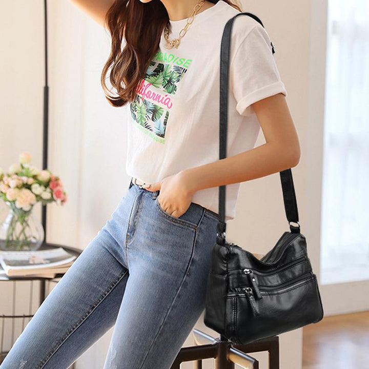 PU Leather Shoulder Bag with Zipper Pockets and Adjustable Strap