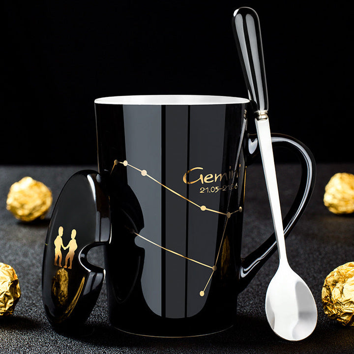 BowLift | 12 Zodiac Signs Black Ceramic Mug with Lid Spoon