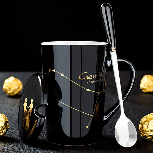 BowLift | 12 Zodiac Signs Black Ceramic Mug with Lid Spoon