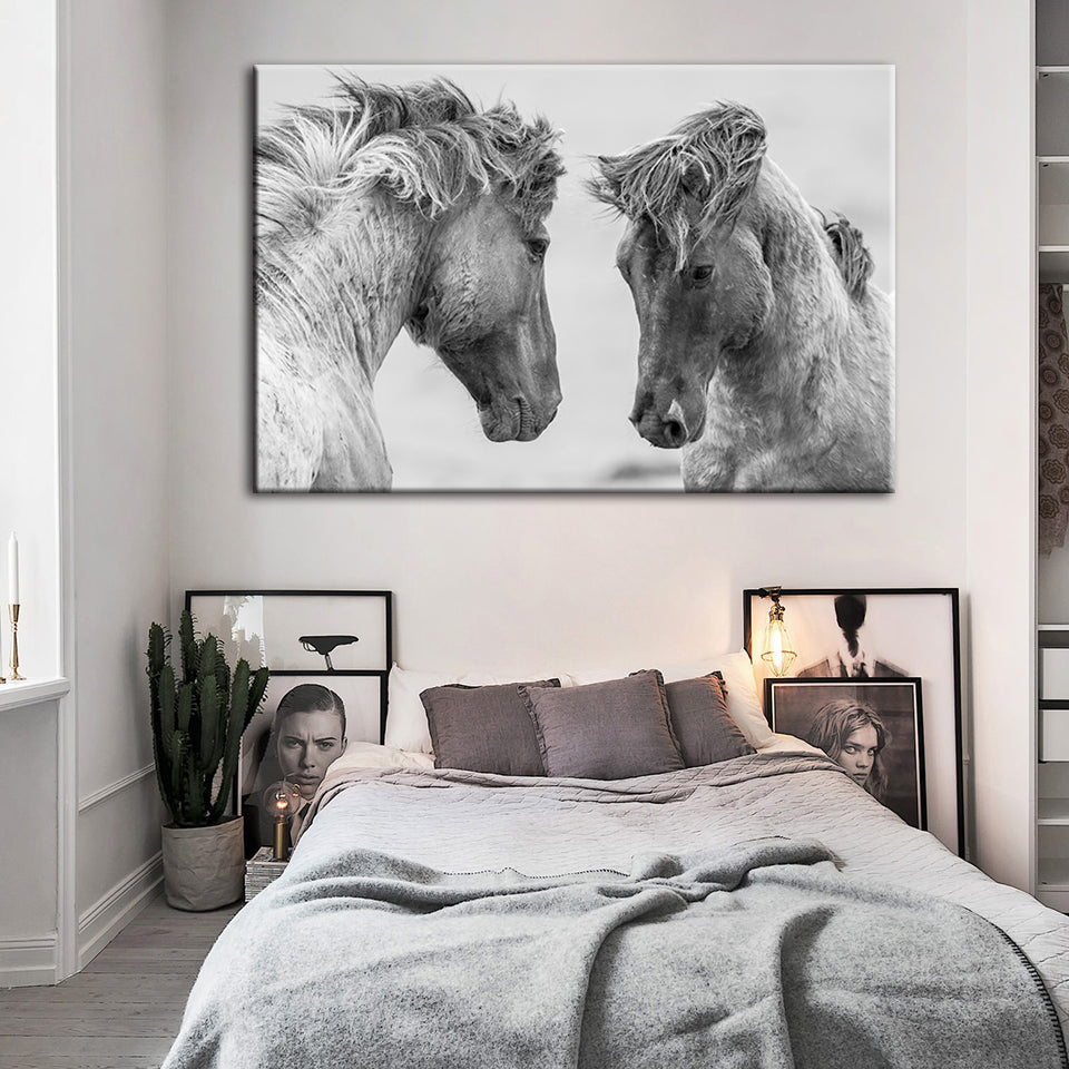 Two White Horses - Canvas Wall Art Painting | Bowlift