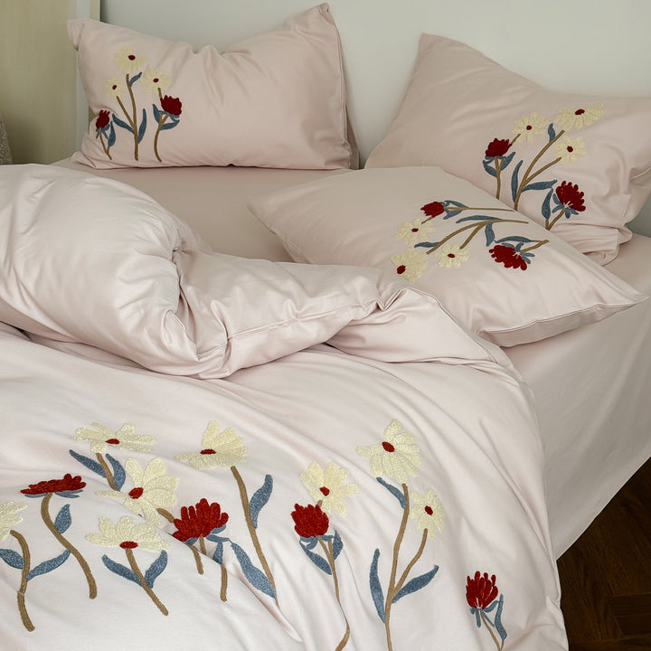 Cotton bedding set, embroidered, brushed, 4-piece