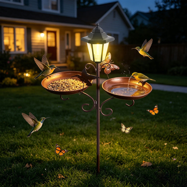 Solar Birdbath made of metal with feeding station