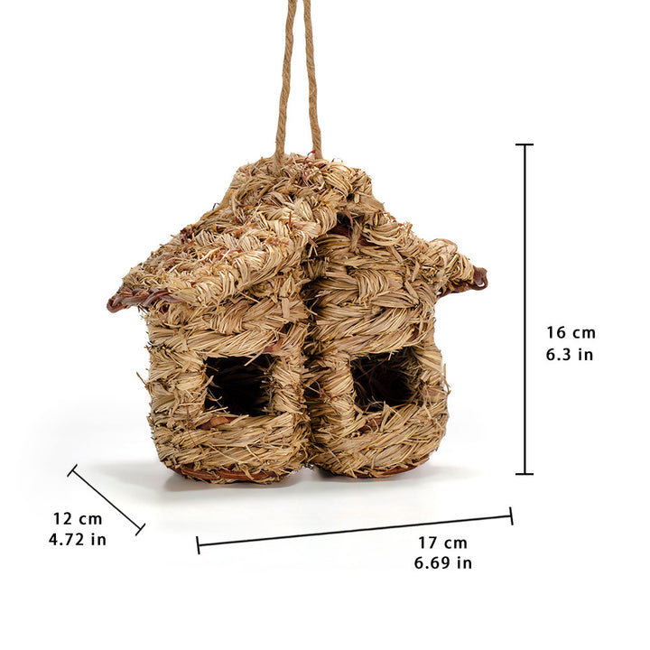 Handwoven birdhouse made of natural grass