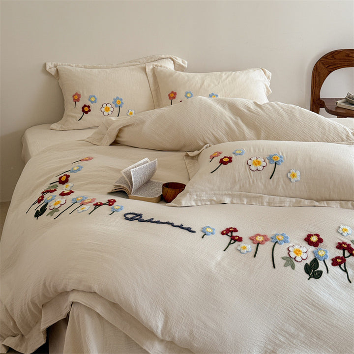 Cotton-linen bed linen, 4-piece, embroidered