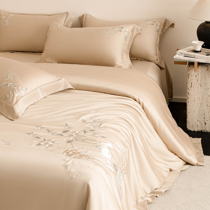 Cotton bedding 4-piece set, embroidery, floral pattern
