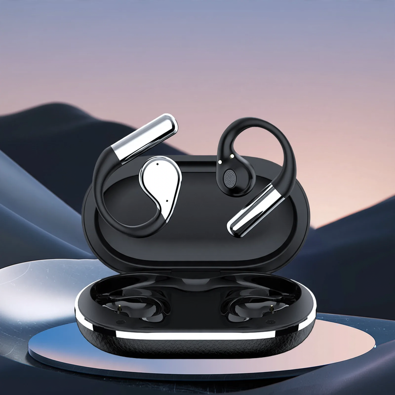 Open Bluetooth earbuds, non-invasive, touchscreen control