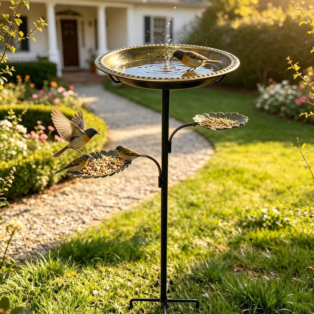 Bird bath and feeding station made of metal, leaf design